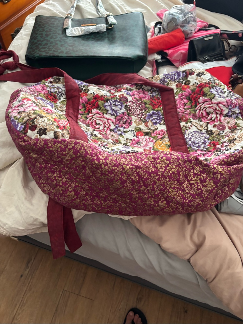 Floral Quilted Tote Bag in Burgundy and Multi